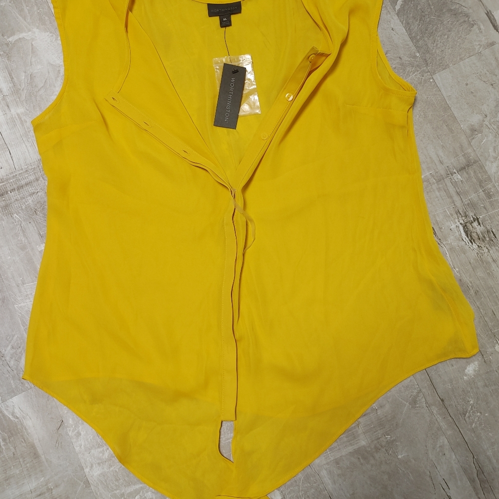 Bright yellow, tie front, sleeveless blouse.